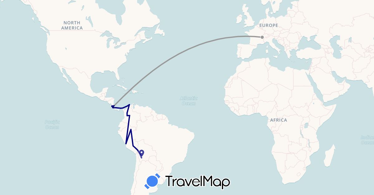 TravelMap itinerary: driving, plane in Bolivia, Switzerland, Colombia, Costa Rica, Panama, Peru (Europe, North America, South America)